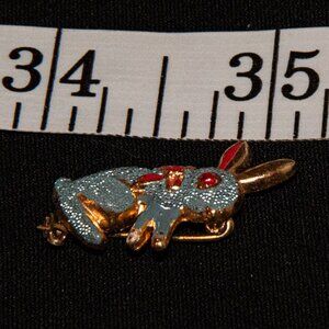 Vintage Gold Tone Rabbit Brooch with red ear and red bow